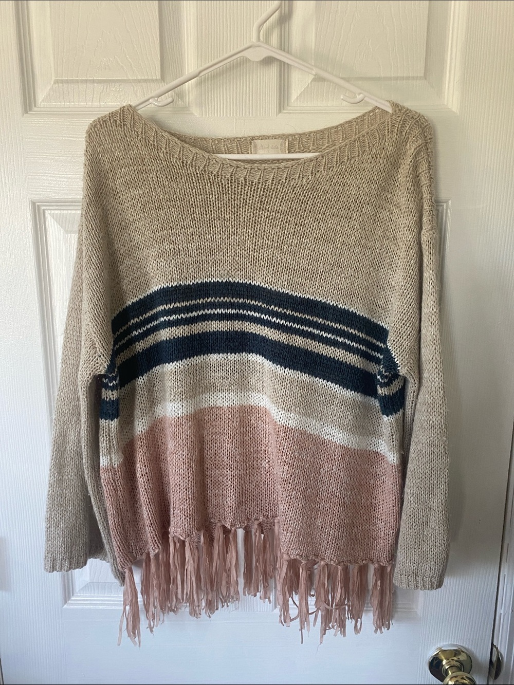Altar'd State Beige Sweater with Navy & Blush Stripes and Fringe